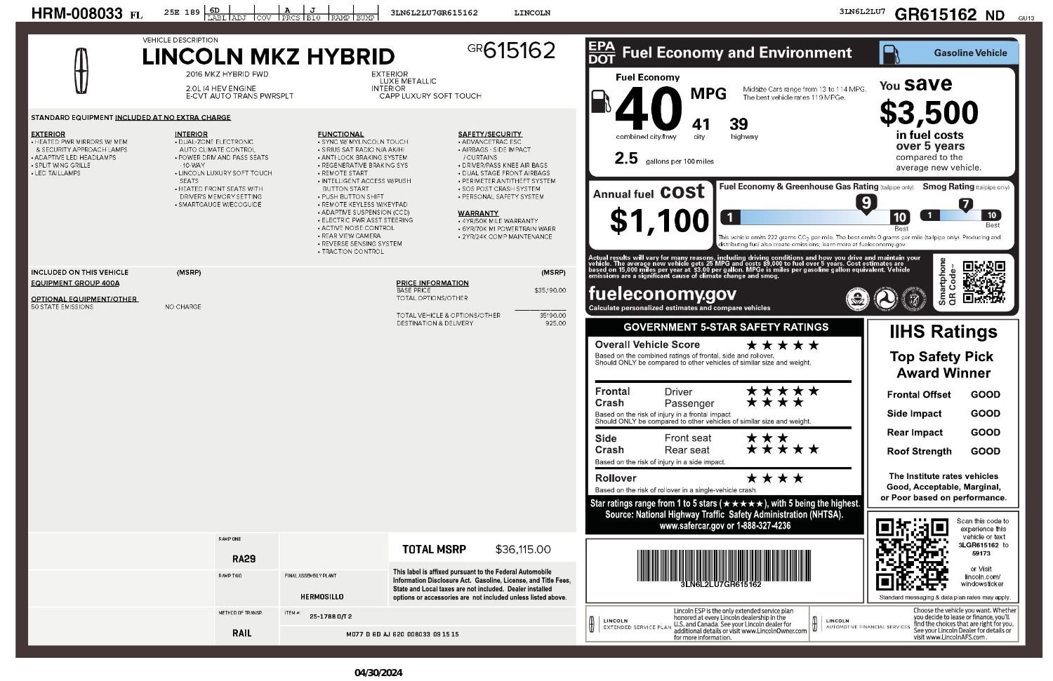 Used 2016 Lincoln MKZ Hybrid image 2