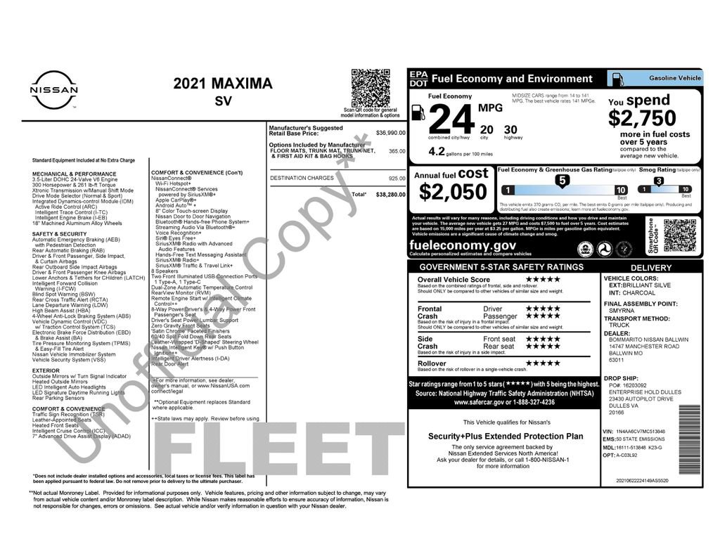 Used 2021 Nissan Maxima 3.5 SV w/ Floor Mat Group image 42