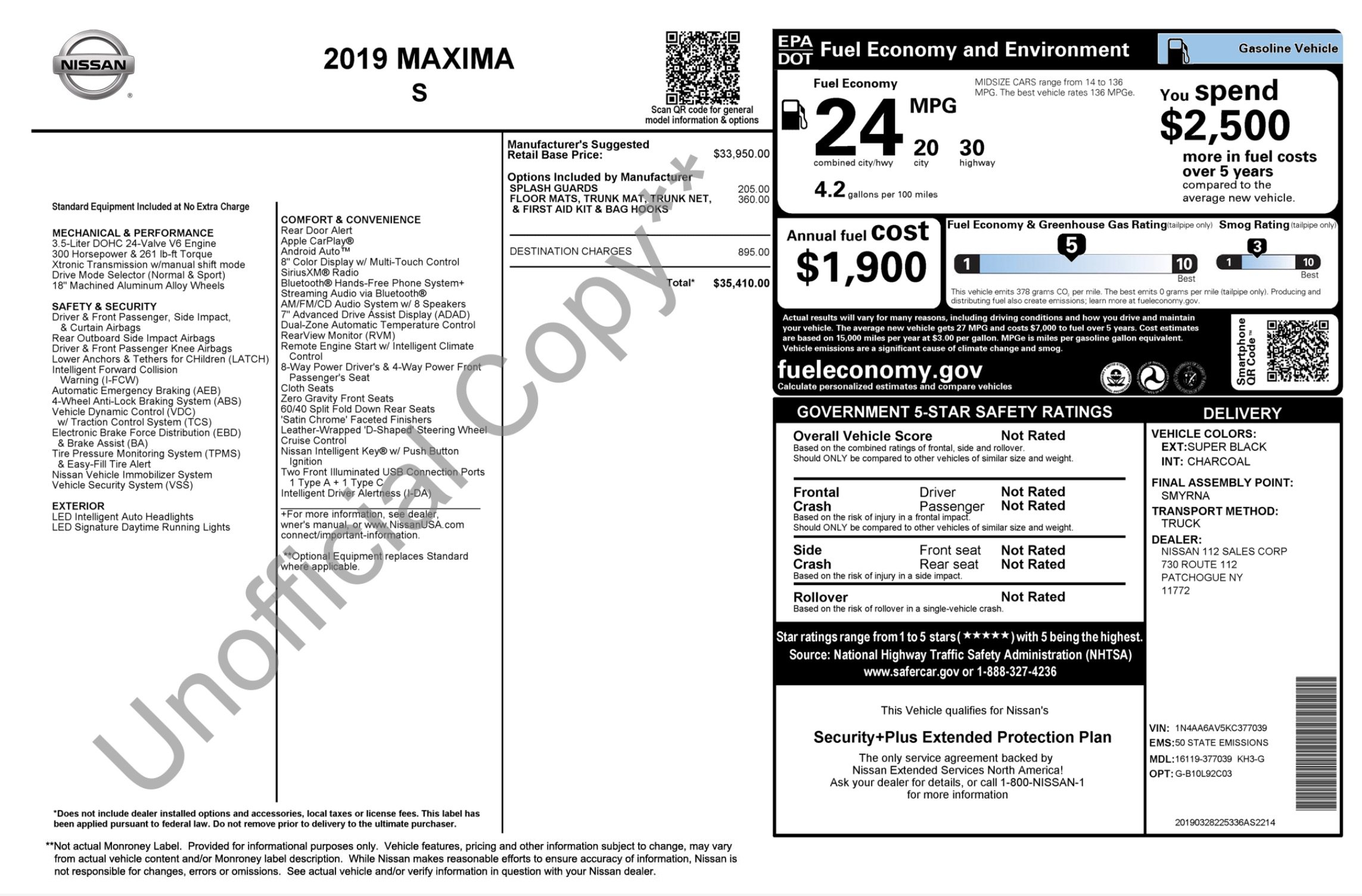 Used 2019 Nissan Maxima 3.5 S w/ Floor Mat Group FWD image 2