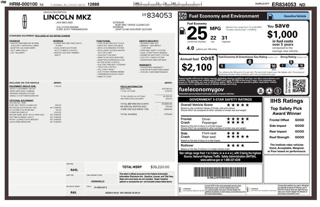 Used 2014 Lincoln MKZ AWD w/ Equipment Group 101A Select image 35