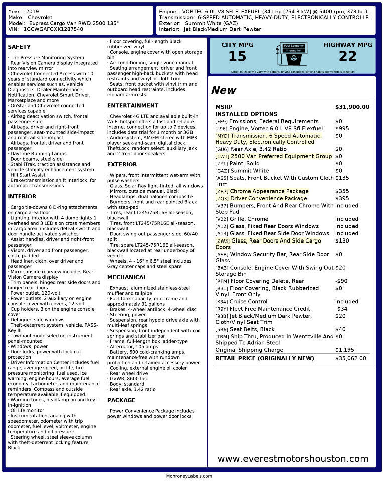 Used 2019 Chevrolet Express 2500 w/ Driver Convenience Package image 42