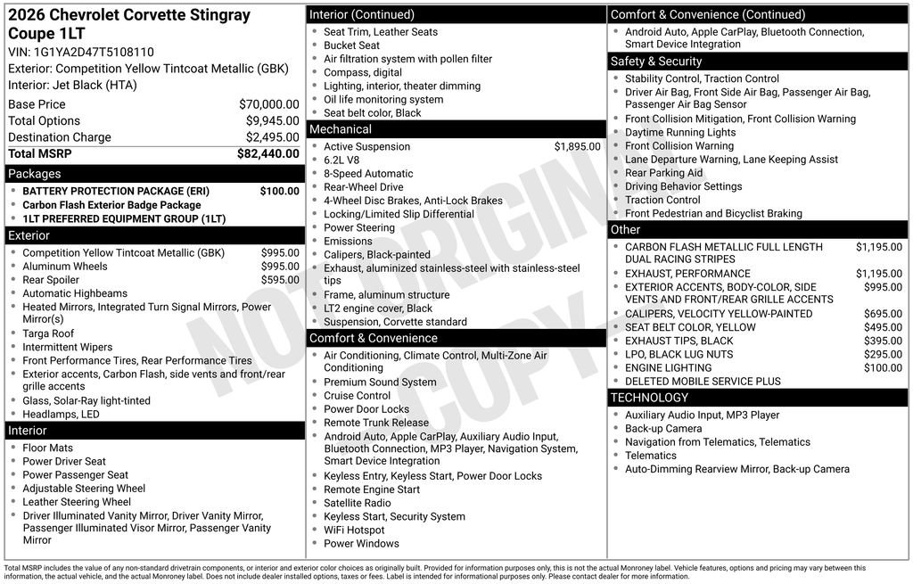 New 2026 Chevrolet Corvette Stingray Coupe w/ Battery Protection Package image 9