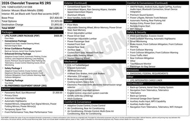 New 2026 Chevrolet Traverse RS w/ LPO, Floor Liner Package image 4
