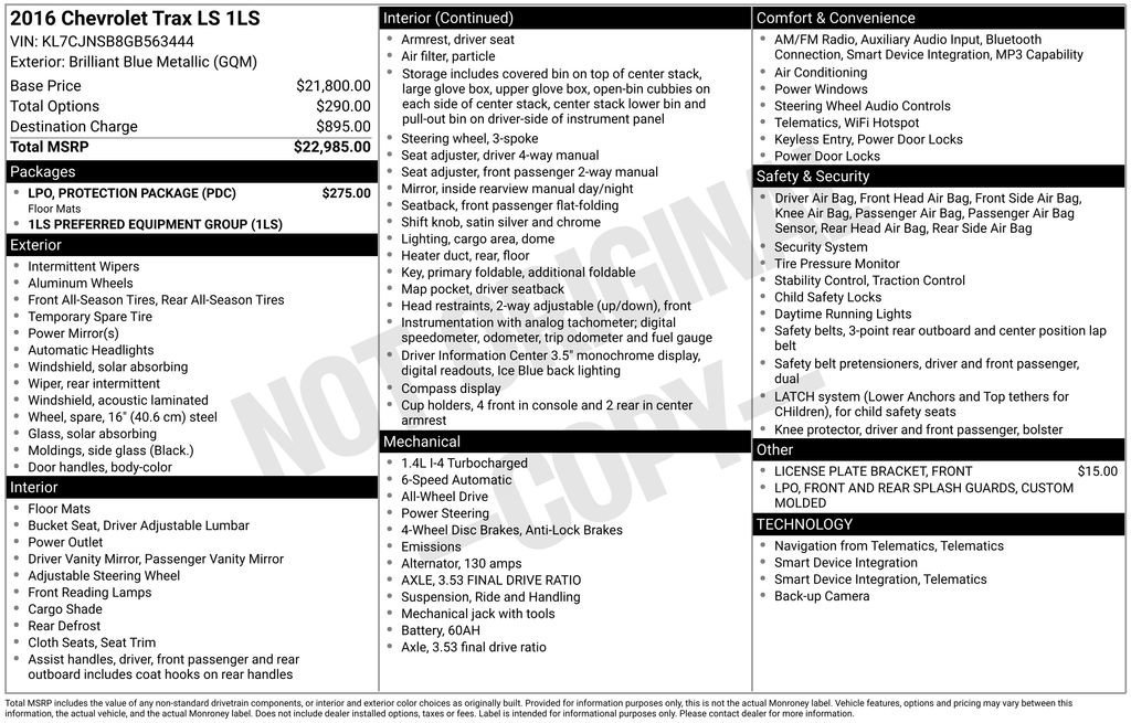 Used 2016 Chevrolet Trax LS w/ LPO, Protection Package image 5