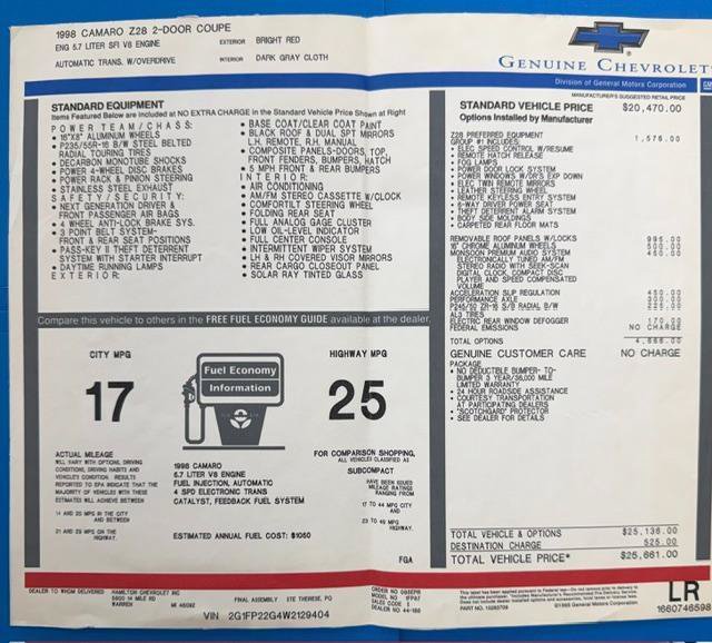 Used 1998 Chevrolet Camaro Z28 w/ Preferred Equipment Group 2 RWD image 2
