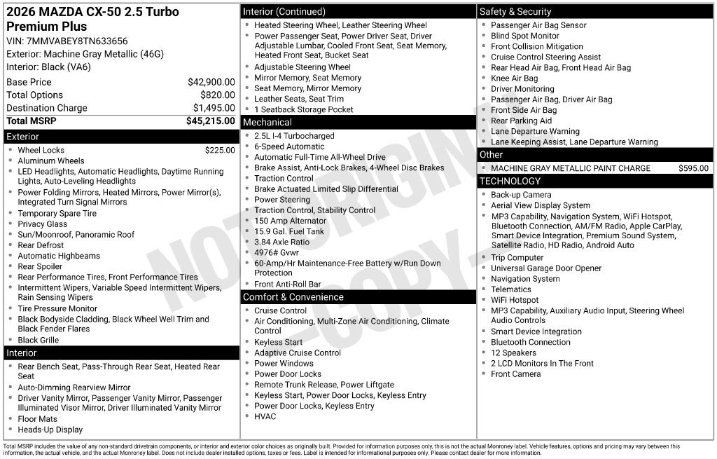 New 2026 MAZDA CX-50 2.5 Turbo w/ Premium Plus Pkg AWD/4WD image 2