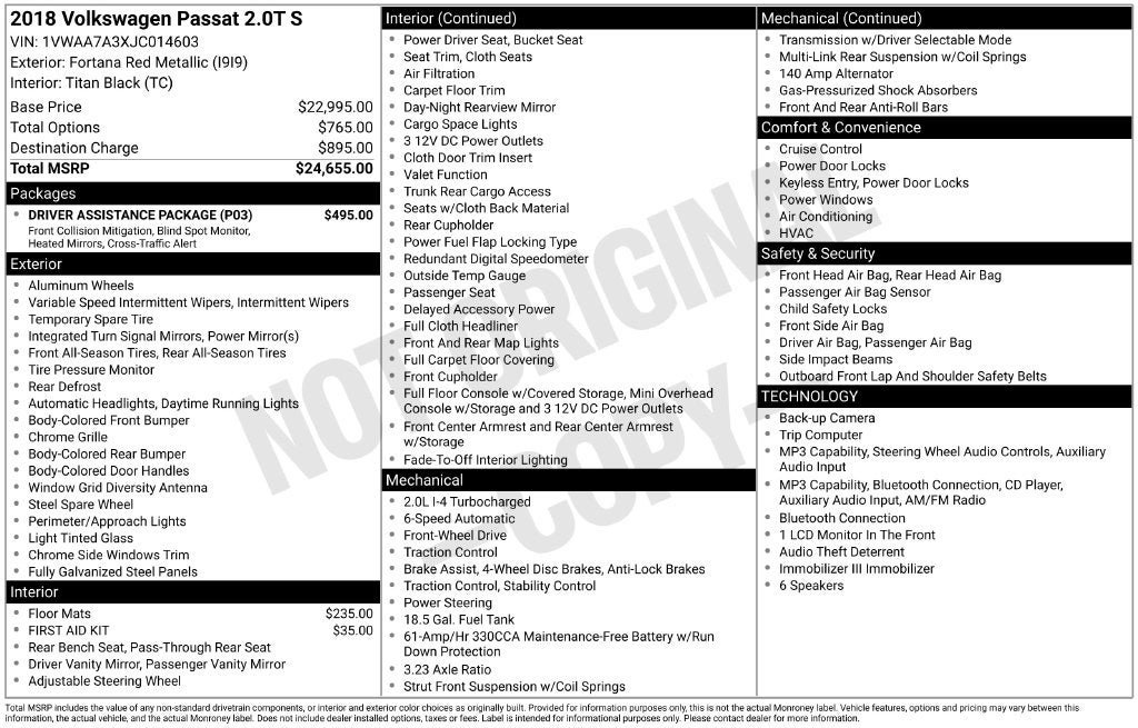 Used 2018 Volkswagen Passat 2.0T S w/ Driver Assistance Package FWD image 3