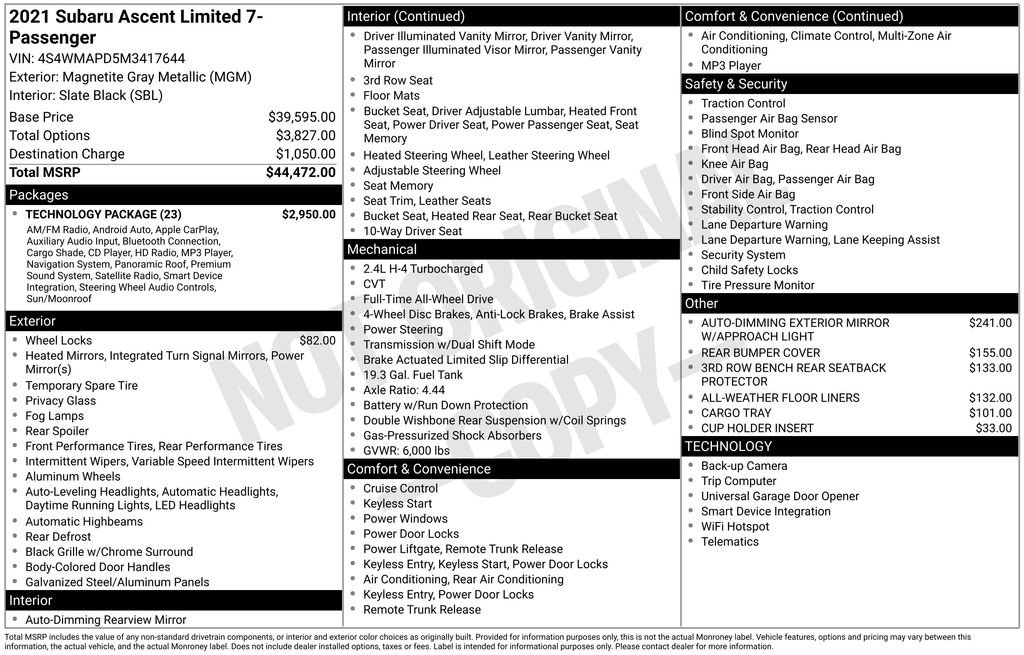 Used 2021 Subaru Ascent Limited w/ Technology Package image 42