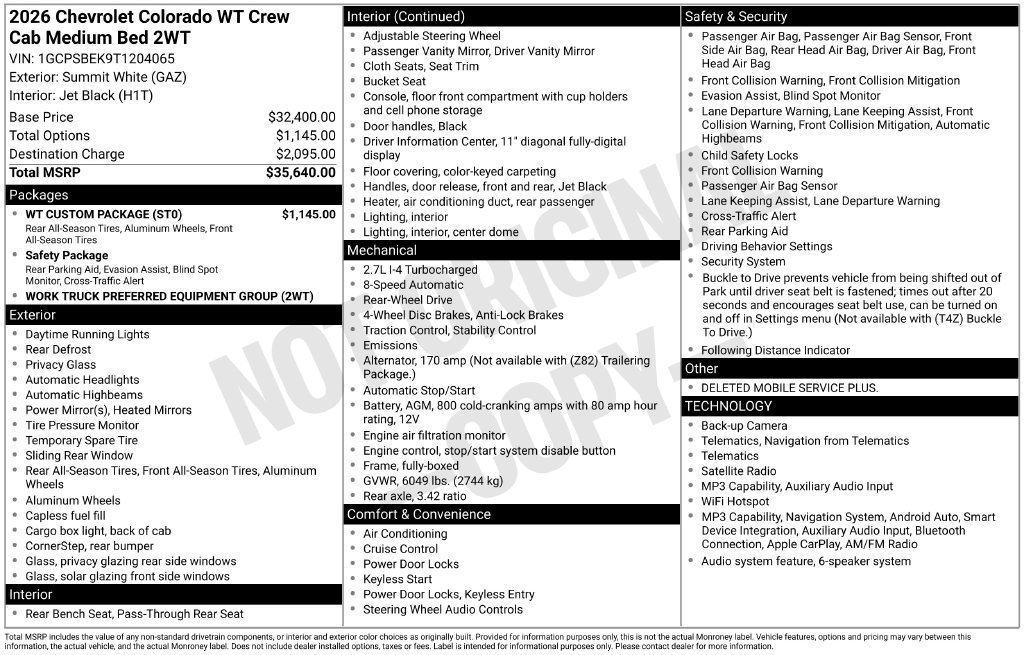 Used 2026 Chevrolet Colorado W/T w/ WT Custom Package RWD image 6