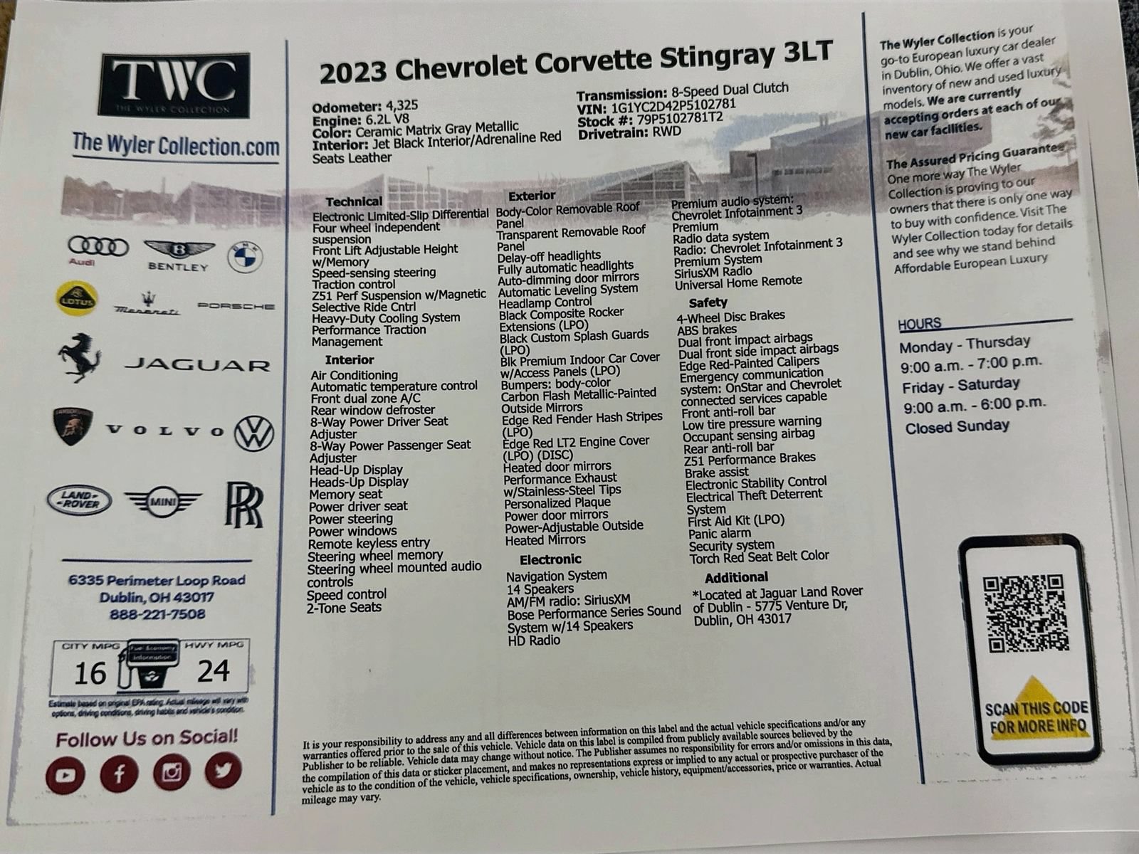 Used 2023 Chevrolet Corvette Stingray Premium Cpe w/ Z51 Performance Package RWD image 43