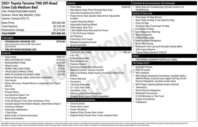 Used 2021 Toyota Tacoma TRD Off-Road w/ Technology Package RWD image 17