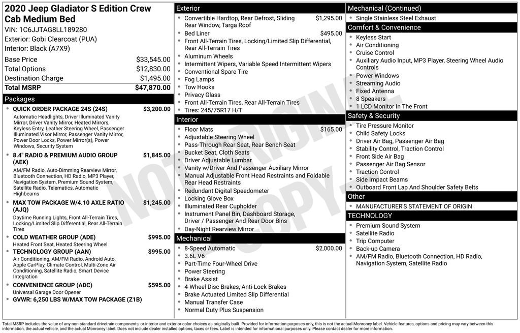 Used 2020 Jeep Gladiator Sport w/ Quick Order Package 24S image 12