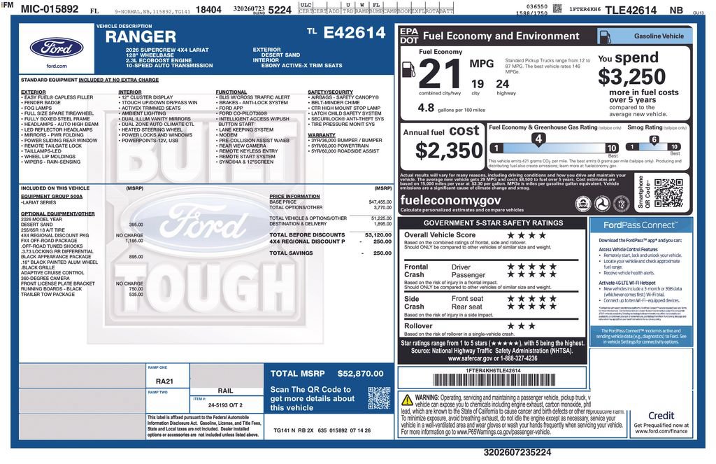 New 2026 Ford Ranger Lariat w/ FX4 Off-Road Package AWD/4WD image 8