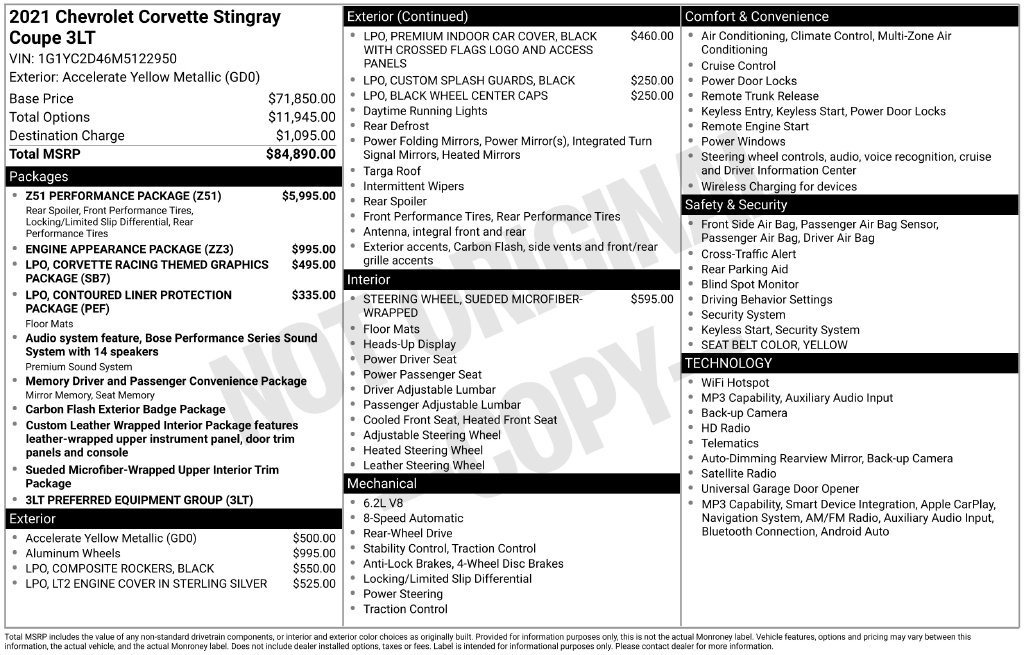 Used 2021 Chevrolet Corvette Stingray Premium Cpe w/ Z51 Performance Package RWD image 6