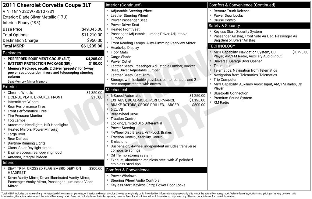 Used 2011 Chevrolet Corvette Coupe w/ Preferred Equipment Group RWD image 2