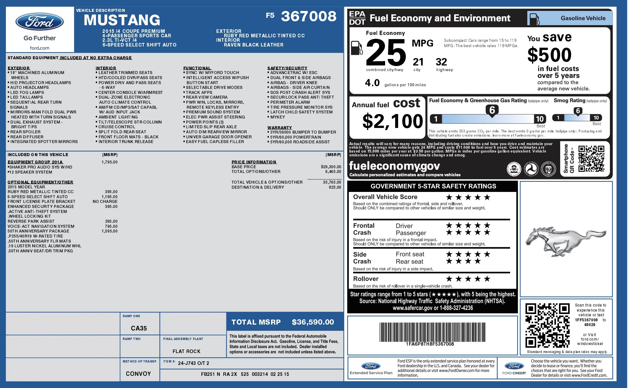 Used 2015 Ford Mustang Premium w/ Equipment Group 201A image 5