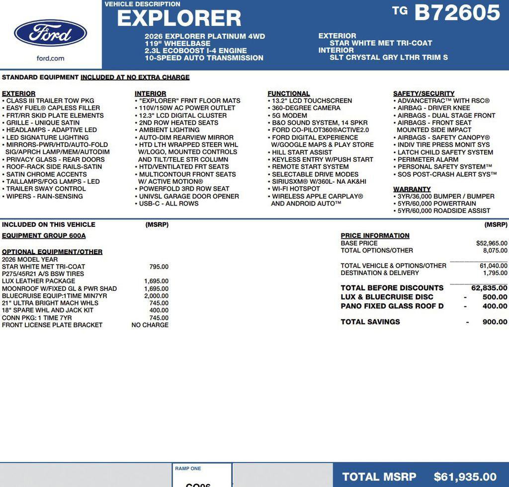 New 2026 Ford Explorer Platinum w/ LUX Leather Package AWD/4WD image 2