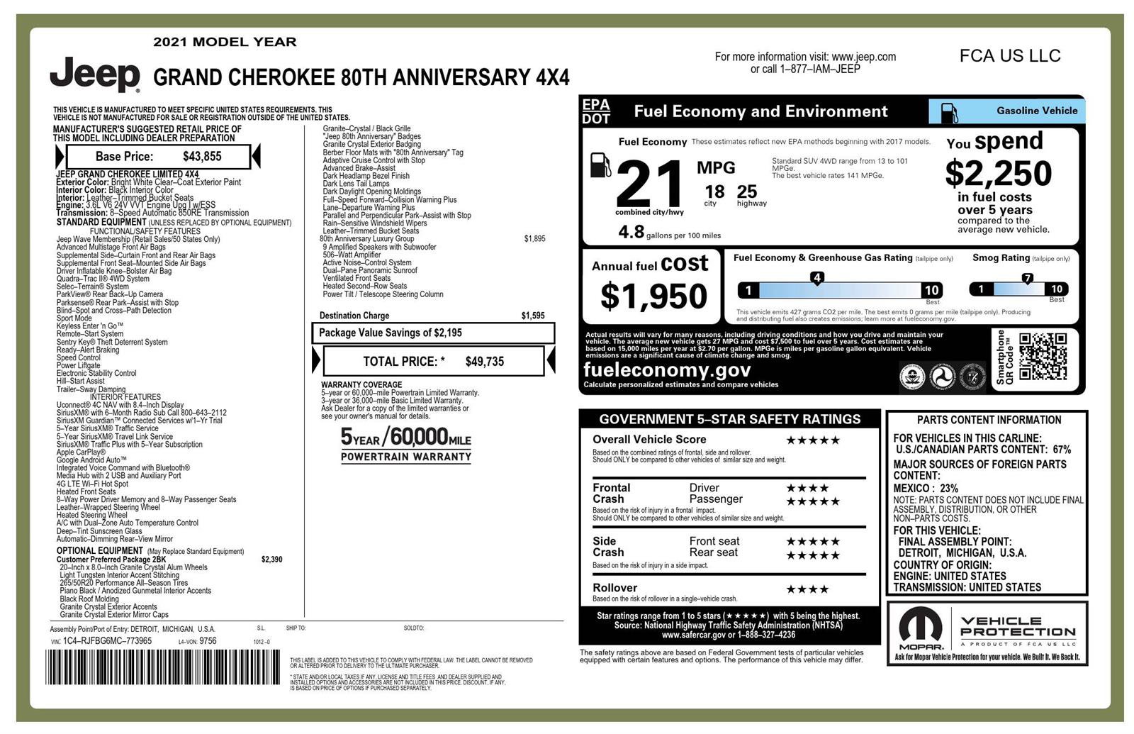 Certified 2021 Jeep Grand Cherokee Limited w/ Quick Order Package 28K 80th AWD/4WD image 2