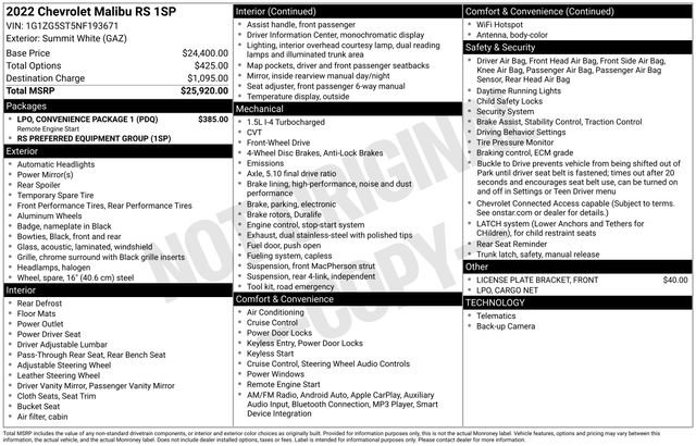 Used 2022 Chevrolet Malibu RS w/ LPO, Convenience Package 1 image 5