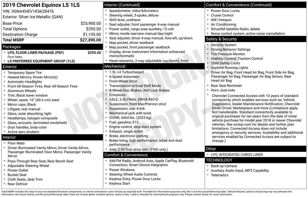 Used 2019 Chevrolet Equinox LS w/ LPO, Floor Liner Package FWD image 3