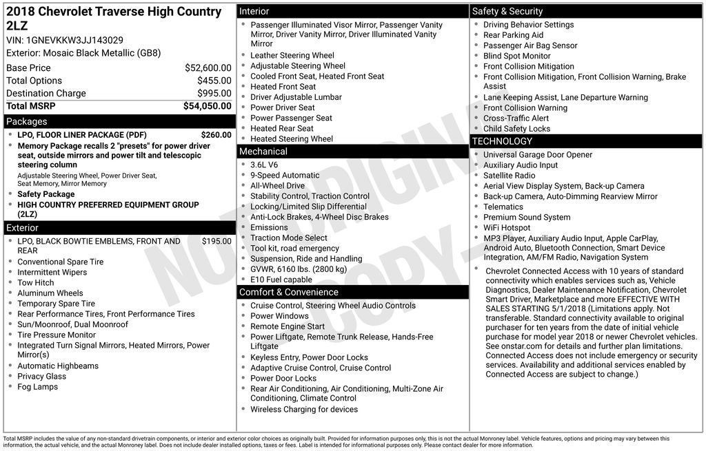 Used 2018 Chevrolet Traverse High Country w/ LPO, Floor Liner Package image 46