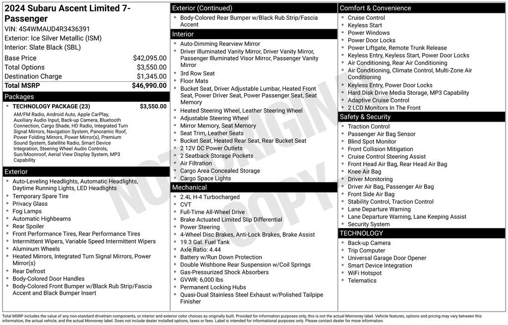 Used 2024 Subaru Ascent Limited w/ Technology Package AWD/4WD image 29