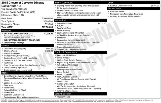 Certified 2015 Chevrolet Corvette Stingray Convertible w/ ZF1 Appearance Package RWD image 15