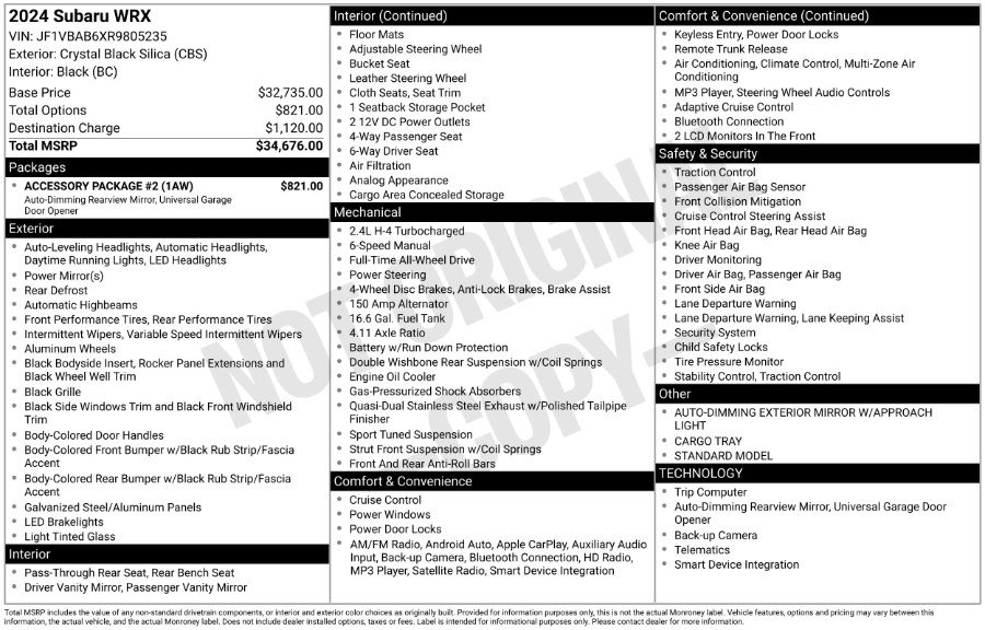 Used 2024 Subaru WRX w/ Accessory Package #2 image 2