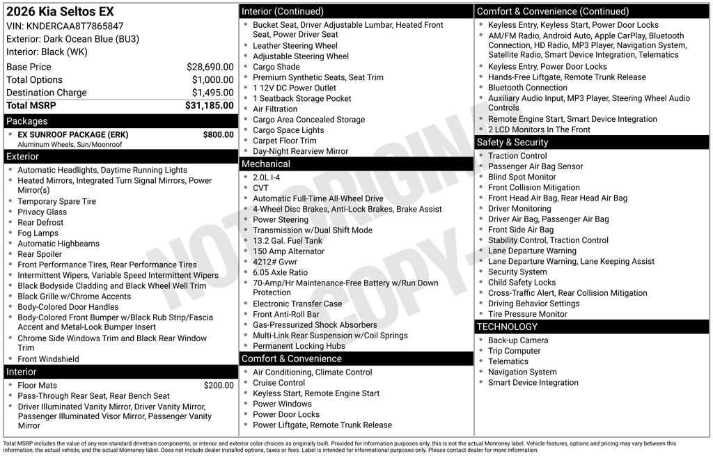 New 2026 Kia Seltos EX w/ EX Sunroof Package AWD/4WD image 2