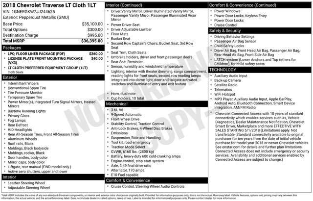 Used 2018 Chevrolet Traverse LT w/ LPO, Floor Liner Package FWD image 31