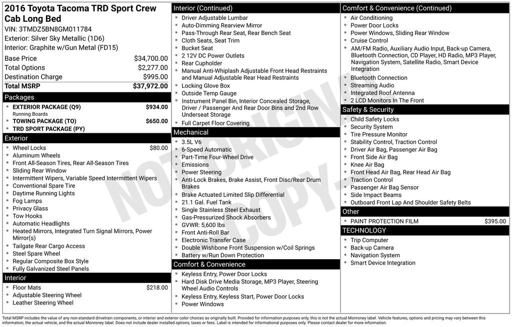 Used 2016 Toyota Tacoma TRD Sport w/ Exterior Package AWD/4WD image 3