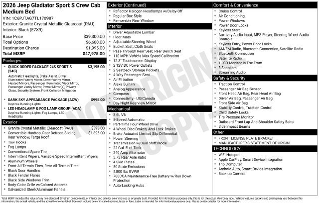 New 2026 Jeep Gladiator Sport AWD/4WD image 31