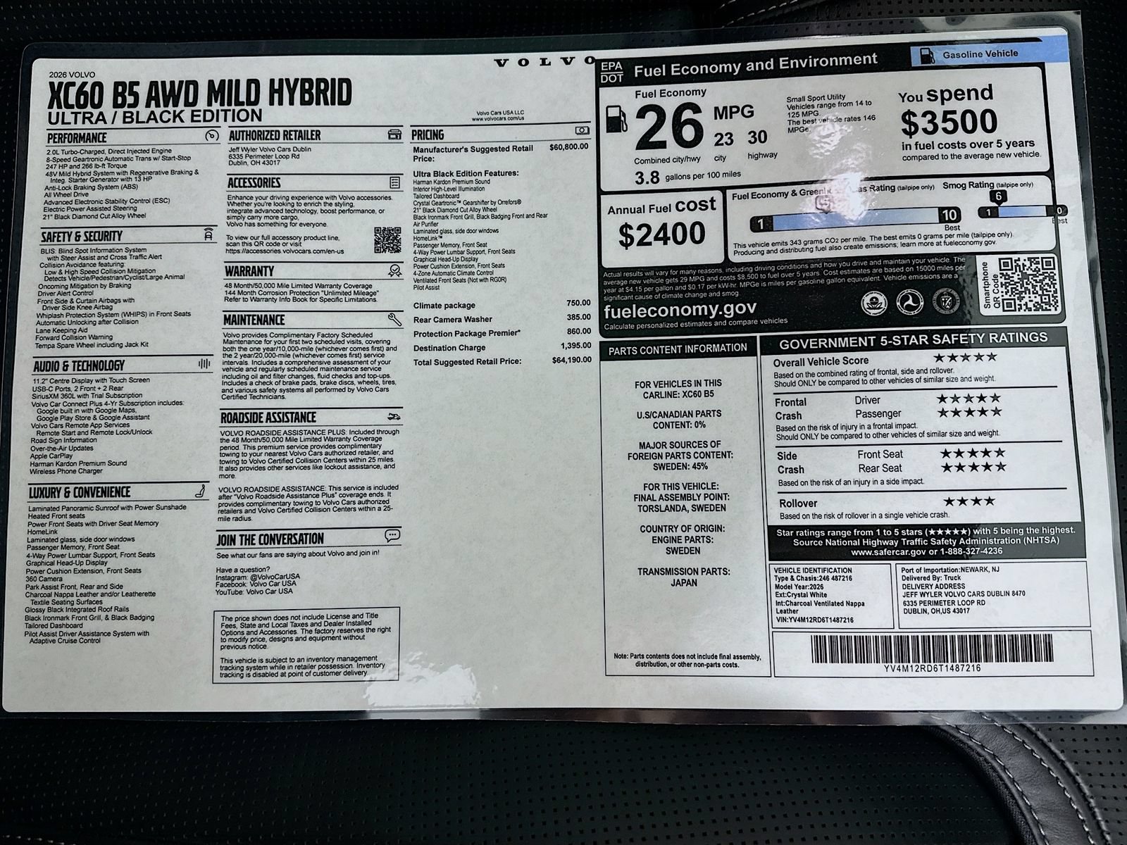 New 2026 Volvo XC60 B5 Ultra w/ Protection Package Premier AWD/4WD image 46