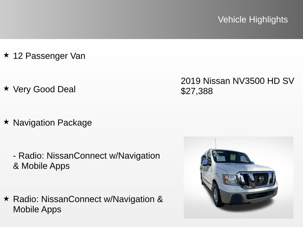 Used 2019 Nissan NV 3500 SV w/ Navigation Package image 8