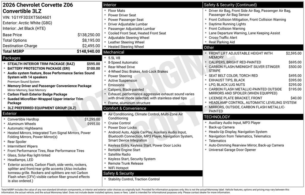 New 2026 Chevrolet Corvette Z06 w/ Stealth Interior Trim Package image 58