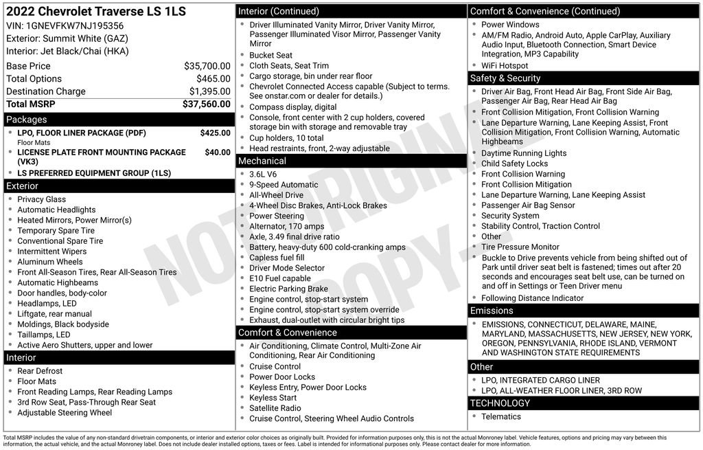 Used 2022 Chevrolet Traverse LS w/ LPO, Floor Liner Package image 6