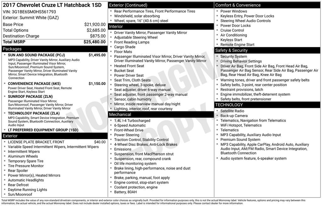 Used 2017 Chevrolet Cruze LT w/ Sun And Sound Package FWD image 7