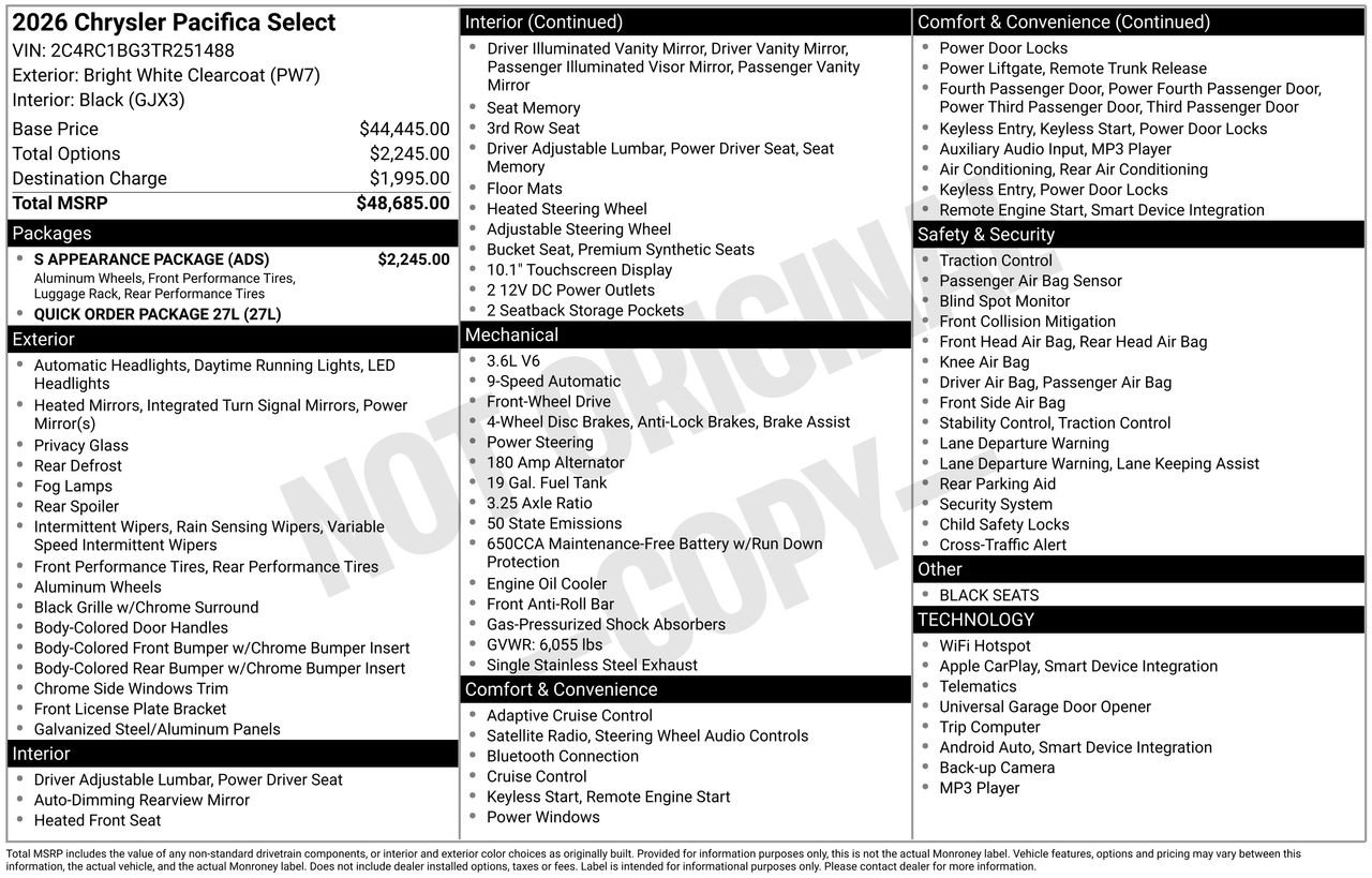 New 2026 Chrysler Pacifica Select w/ S Appearance Package FWD image 30