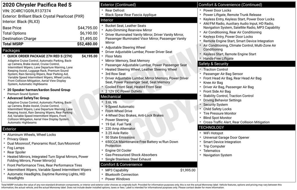 Used 2020 Chrysler Pacifica Limited w/ Quick Order Package 27H Red S image 2