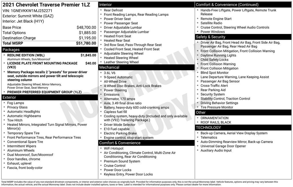 Used 2021 Chevrolet Traverse Premier w/ Redline Edition AWD/4WD image 33