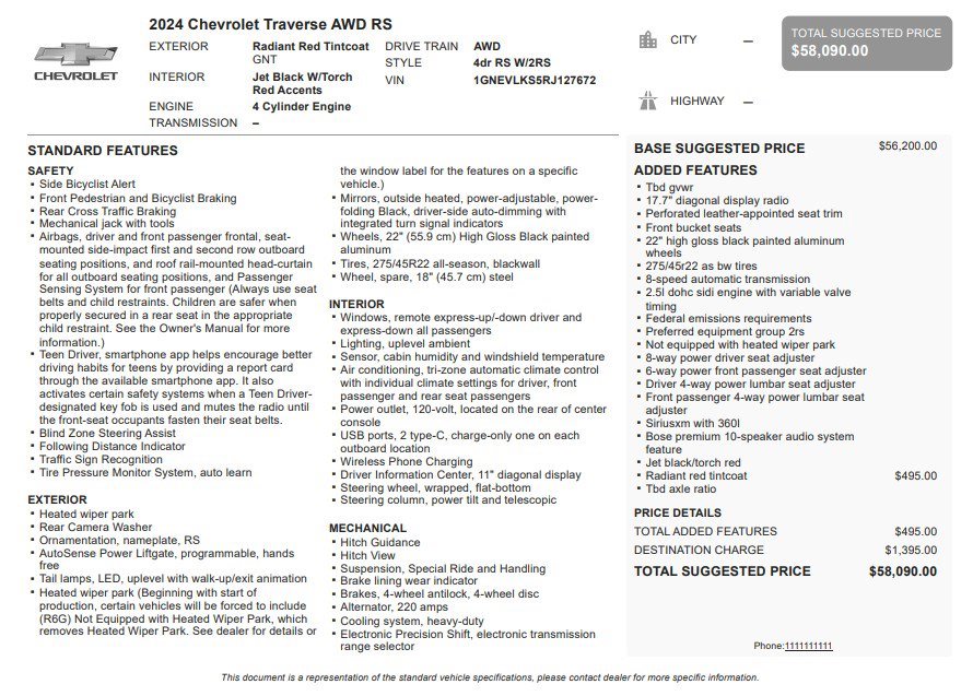 Certified 2024 Chevrolet Traverse RS AWD/4WD image 39