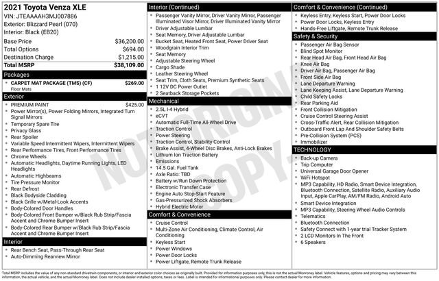 Used 2021 Toyota Venza XLE w/ Carpet Mat Package (TMS) AWD/4WD image 33