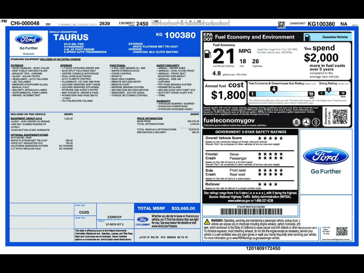 Used 2019 Ford Taurus SEL w/ Equipment Group 201A FWD image 3