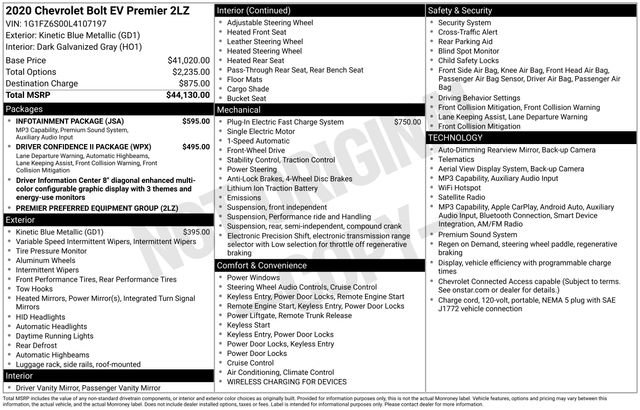 Used 2020 Chevrolet Bolt Premier w/ Infotainment Package FWD image 2