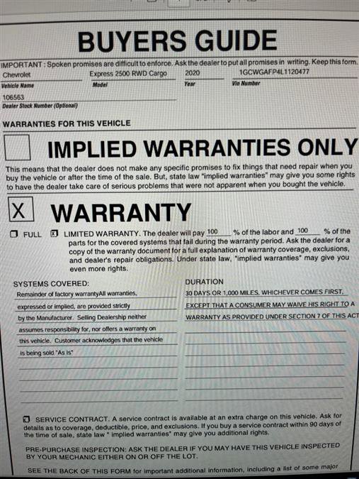 Used 2020 Chevrolet Express 2500 w/ Driver Convenience Package image 10