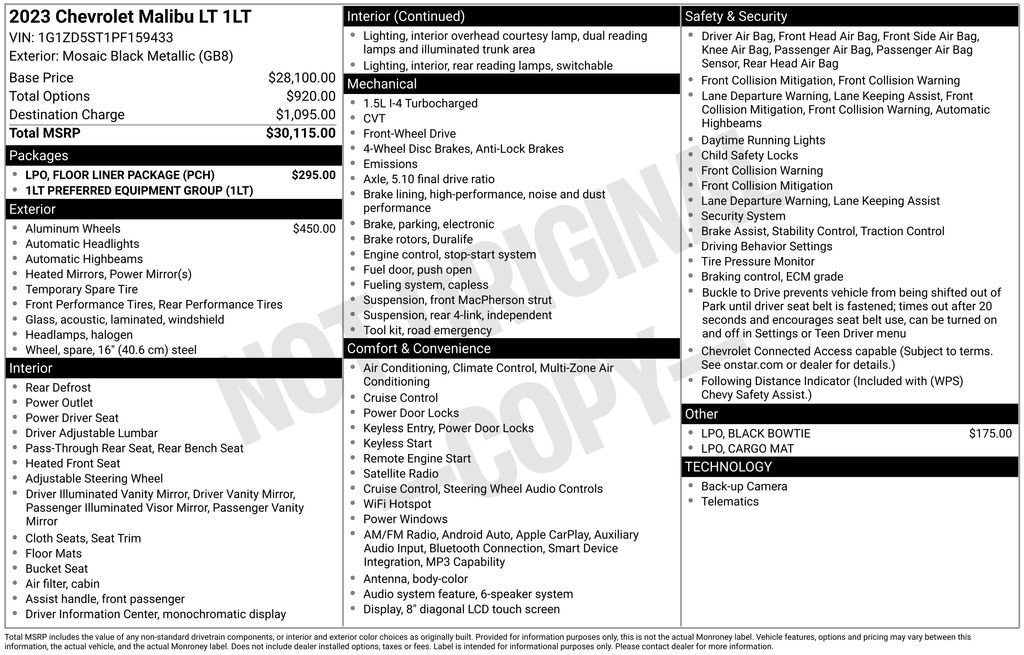 Used 2023 Chevrolet Malibu LT w/ LPO, Floor Liner Package FWD image 9