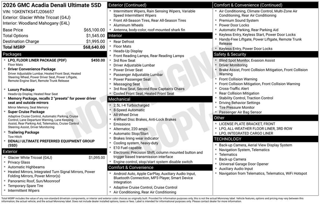 Certified 2026 GMC Acadia Denali Ultimate w/ LPO, Floor Liner Package image 44