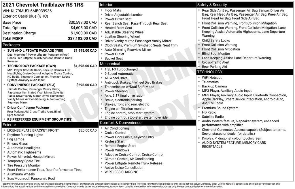 Used 2021 Chevrolet TrailBlazer RS w/ Sun and Liftgate Package AWD/4WD image 29