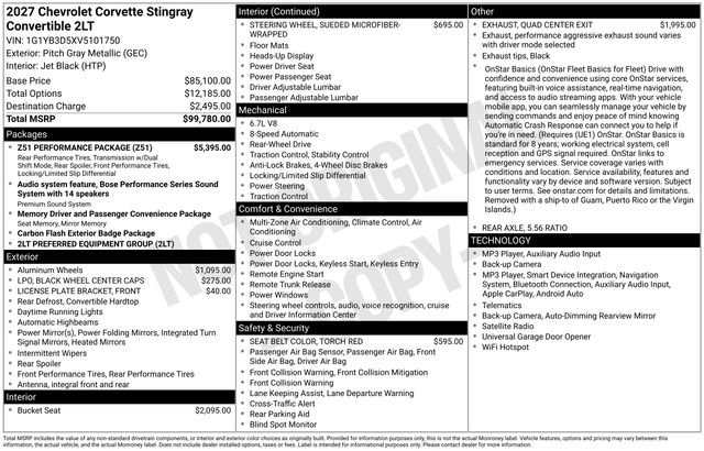 New 2027 Chevrolet Corvette Stingray Convertible w/ Z51 Performance Package RWD image 4