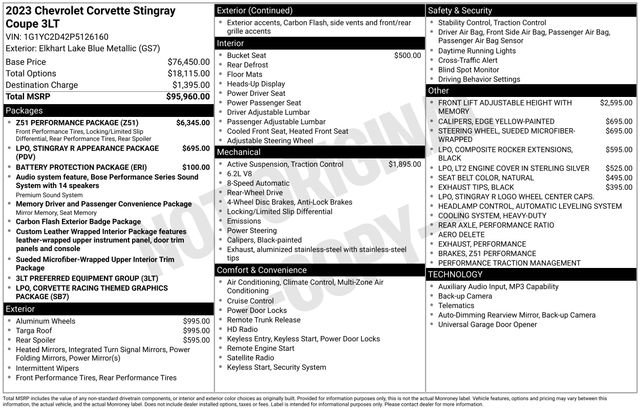 Certified 2023 Chevrolet Corvette Stingray Premium Cpe w/ Z51 Performance Package RWD image 2